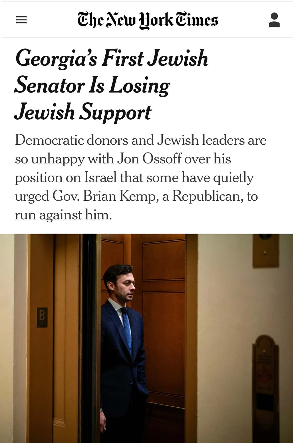 New York Times screenshot about Jon Ossoff losing Jewish support and donors urging Brian Kemp to run.